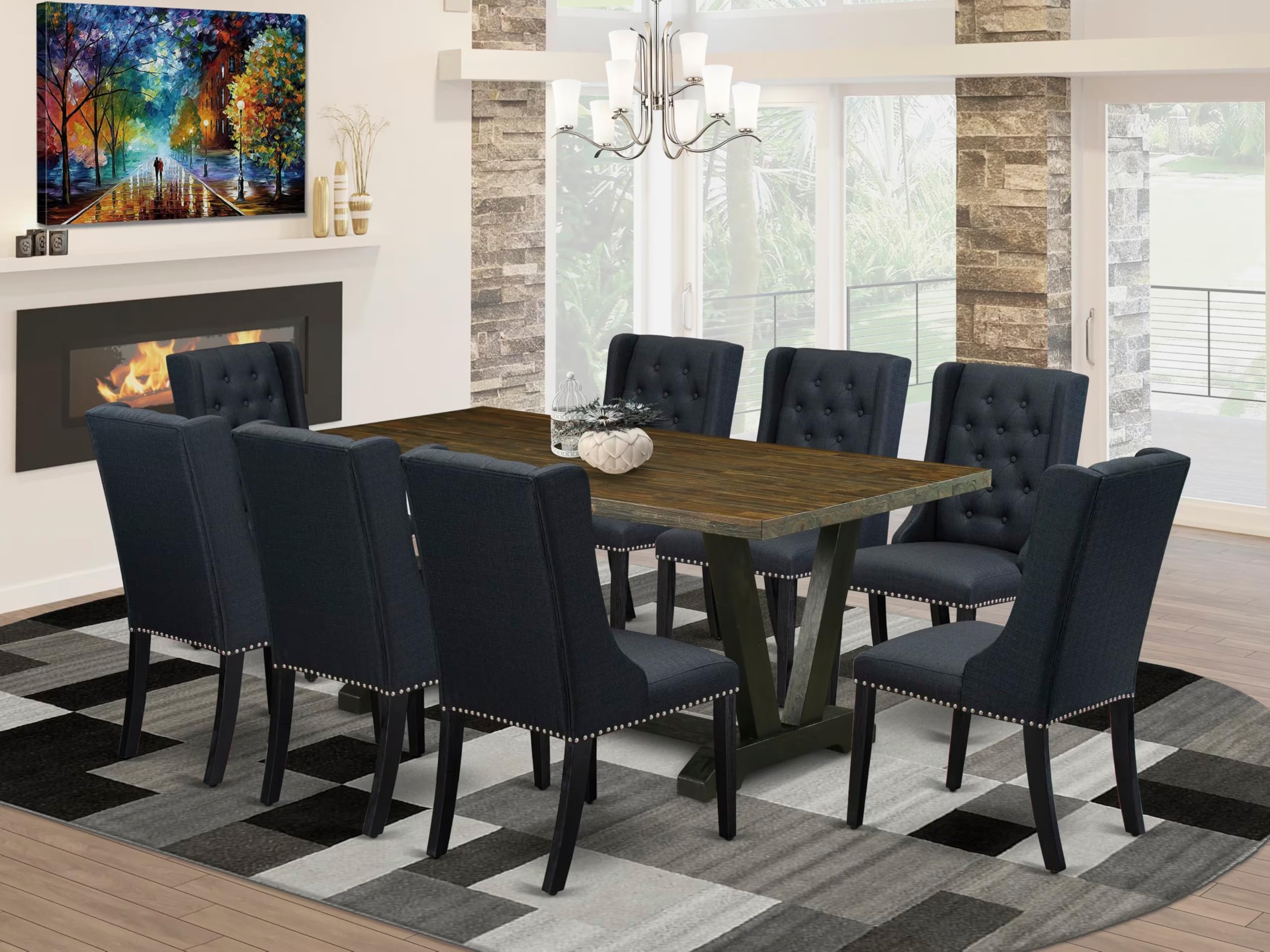 East West Furniture V677FO624-9 9 Piece Dining Room Furniture Set Includes a Rectangle Dining Table with V-Legs and 8 Black Linen Fabric Parsons Chairs, 40x72 Inch, Multi-Color